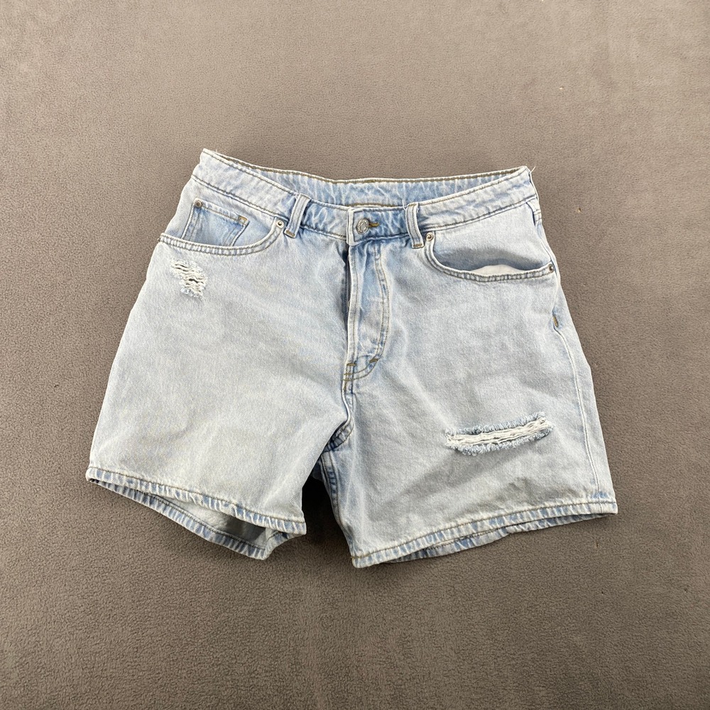 H&M &Denim Light Wash High Waist Bermuda Straight Shorts Distressed Blue Size 8